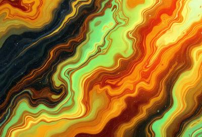 The primary subject of the image is a vibrant and colorful painting featuring a mix of green, orange, and red hues. The painting is set against a black background, which contrasts with the vivid colors of the artwork. The visual style of the painting appears to be a combination of digital art and illustration, creating a unique and eye-catching piece of art. The dominant colors and overall atmosphere of the painting evoke a sense of energy and creativity, making it an engaging and captivating piece of