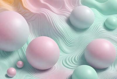 The primary subject of the image is a collection of white and pink spheres, which are arranged in a visually appealing manner. The setting is a three-dimensional environment, possibly a digital art or illustration. The visual style is a combination of photo and digital art, creating a unique and intriguing appearance. The colors and mood of the image are predominantly white and pink, giving it a soft and calming atmosphere.