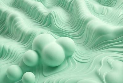 The primary subject of the image is a green, textured surface with a mountainous appearance. The setting is a green, wavy surface that resembles a mountain range. The visual style is a digital art or illustration, creating a unique and intricate design. The colors and mood are predominantly green, giving the scene a serene and natural atmosphere.