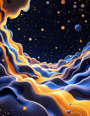 The primary subject of the image is a vibrant and colorful painting of a galaxy. The setting is a night sky filled with stars, creating a sense of depth and space. The visual style is a digital art or illustration, showcasing the artist's creativity and skill in capturing the beauty of the universe. The colors and mood are predominantly blue and orange, with the blue hues representing the vastness of space and the orange hues adding warmth and energy to the scene.