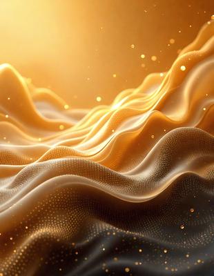 The primary subject of the image is a large, golden wave with a yellow and gold color scheme. The wave is the main focus of the image, and it appears to be a digital art or illustration. The setting is a bright, sunny day, and the visual style gives the impression of a sunlit beach. The colors and mood of the image are warm, inviting, and serene, creating a sense of relaxation and enjoyment.