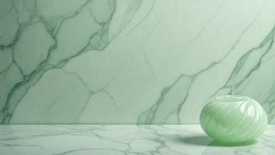 The primary subject of the image is a green sphere, which is placed on a white marble countertop. The setting is a white marble wall, which serves as the background for the scene. The visual style of the image is a photo, capturing the details of the green sphere and the marble countertop. The colors in the image are predominantly white and green, creating a clean and fresh atmosphere.
