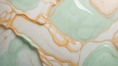 The primary subject of the image is a marble countertop with a green and white pattern. The setting is a kitchen, and the visual style is a close-up of the marble countertop. The colors and mood of the image are predominantly green and white, giving it a clean and elegant appearance.