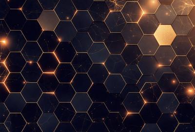 The primary subject of the image is a close-up of a hexagonal pattern, which appears to be a digital art or illustration. The setting is a dark background, and the visual style is a combination of digital art and a pattern. The dominant colors in the image are orange and black, creating a warm and moody atmosphere.