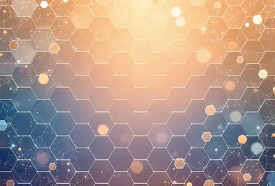 The primary subject of the image is a pattern of hexagons, which are arranged in a honeycomb-like structure. The setting is a blue background, which contrasts with the bright colors of the hexagons. The visual style is a combination of digital art and illustration, creating a unique and eye-catching design. The dominant colors are blue and orange, with the blue background and the orange hexagons creating a vibrant and lively atmosphere.