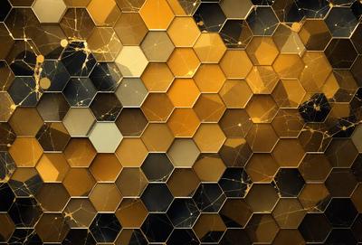 The primary subject of the image is a close-up of a hexagonal pattern, which is a part of a larger, intricate design. The setting is a wall, and the visual style appears to be a combination of digital art and illustration. The dominant colors in the image are gold and brown, creating a warm and earthy atmosphere.