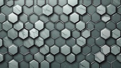 The primary subject of the image is a patterned tile wall with a marble-like texture. The setting is a room with a grey tile wall, and the visual style is a close-up of the tile pattern. The colors and mood of the image are predominantly grey and neutral, creating a calm and sophisticated atmosphere.