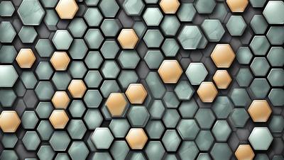 The primary subject of the image is a pattern of hexagonal shapes, which are arranged in a honeycomb-like structure. The setting is a wall, and the visual style appears to be a combination of digital art and illustration. The dominant colors in the image are gray and yellow, creating a modern and sophisticated atmosphere.