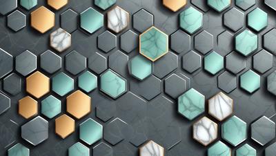 The primary subject of the image is a pattern of hexagonal shapes, which are arranged in a visually appealing manner. The setting is a gray background, which contrasts with the shapes and adds depth to the image. The visual style is a combination of digital art and illustration, creating a unique and intricate design. The dominant colors are gray and blue, which contribute to a calm and sophisticated atmosphere.