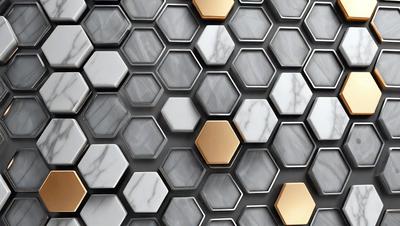 The primary subject of the image is a patterned wall with a marble-like texture. The setting is a room with a marble-like wall, which serves as the background. The visual style is a combination of a photo and digital art, creating a unique and intricate pattern. The dominant colors are gold and white, giving the wall a luxurious and elegant appearance.