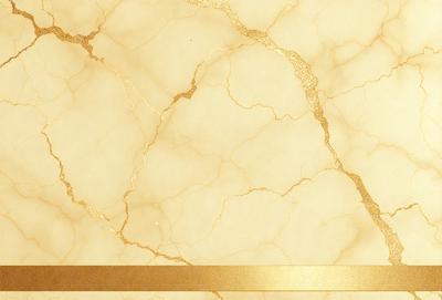 The primary subject of the image is a marble wall with a gold-colored design. The setting is a room with a marble floor, and the visual style is a combination of a photo and digital art. The colors and mood of the image are warm and luxurious, with the gold and marble creating an elegant and sophisticated atmosphere.