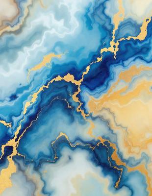The primary subject of the image is a blue and gold marbled wall. The setting is a room with a blue and gold marbled wall as the main focus. The visual style is a combination of digital art and illustration, creating a unique and eye-catching design. The dominant colors are blue and gold, giving the wall a luxurious and elegant appearance.