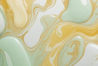 The primary subject of the image is a swirling, colorful pattern that resembles a painting or a digital artwork. The setting is a white wall, and the visual style appears to be a combination of photo and digital art. The colors and mood of the image are vibrant and lively, with a mix of yellow, green, and gold hues.