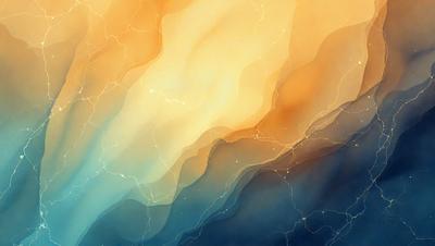 The primary subject of the image is a colorful, abstract painting featuring a mountainous landscape. The setting is a blue sky, and the visual style is a combination of digital art and illustration. The dominant colors in the painting are blue, orange, and yellow, creating a vibrant and lively atmosphere.