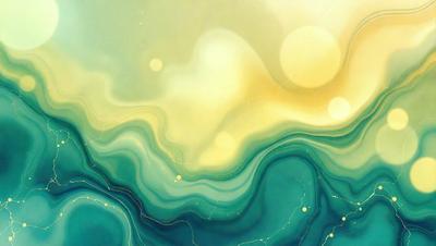 The primary subject of the image is a colorful, abstract painting featuring a mix of blue, green, yellow, and orange hues. The setting is a wall, and the visual style appears to be a combination of digital art and illustration. The painting creates a vibrant and lively atmosphere, with the colors and patterns creating a sense of depth and movement.