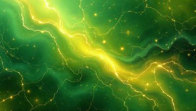 The primary subject of the image is a brightly lit green background with yellow streaks. The setting appears to be a futuristic or space-themed environment. The visual style is a combination of digital art and illustration, creating a vibrant and dynamic scene. The dominant colors are green and yellow, giving the image a lively and energetic atmosphere.
