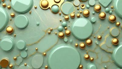 The primary subject of the image is a close-up of a marble surface with gold and blue bubbles. The setting is a marble countertop, and the visual style is a combination of digital art and illustration. The dominant colors are gold, blue, and green, creating a serene and luxurious atmosphere.