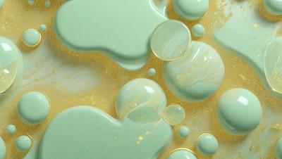 The primary subject of the image is a close-up of a green substance, possibly a soap or a cream, with a gold or yellowish tint. The setting is a white background, which provides a clean and minimalistic appearance. The visual style is a combination of a photo and digital art, as the close-up of the green substance is captured in a photo, while the gold or yellowish tint adds a touch of digital art. The colors and mood of the image are predominantly green and gold,