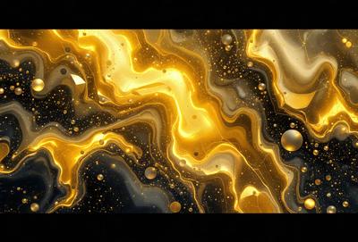 The primary subject of the image is a close-up of a gold and yellow swirling pattern, which appears to be a digital art or illustration. The setting is a black background, which contrasts with the vibrant colors of the swirling pattern. The visual style suggests a creative and artistic approach to the image. The dominant colors are gold and yellow, giving the image a warm and luminous atmosphere.
