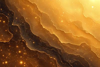 The primary subject of the image is a colorful, swirling pattern that resembles a galaxy or a starry sky. The setting is a dark background, which contrasts with the vibrant colors of the pattern. The visual style is a combination of digital art and illustration, creating a unique and captivating image. The dominant colors are gold, orange, and blue, which evoke a sense of warmth and depth in the scene. Overall, the image has a captivating and mesmerizing atmosphere