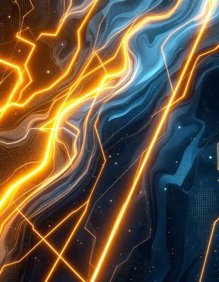 Primary subject: Lines and shapes
Setting/background: Blue and orange background
Visual style: Digital art
Colors and mood: Blue and orange, with a futuristic and dynamic atmosphere