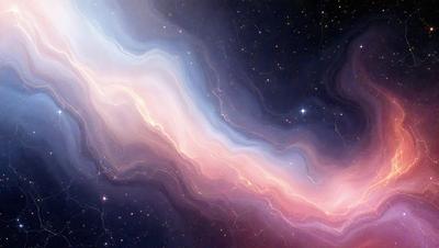 The primary subject of the image is a vibrant, colorful, and swirling space scene. The setting is a dark, star-filled sky, with the stars visible in the background. The visual style is a combination of digital art and illustration, creating a dynamic and captivating image. The dominant colors are pink, purple, and blue, giving the scene a warm and luminous atmosphere.