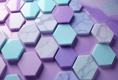 The primary subject of the image is a close-up of a marble tile pattern. The setting is a wall with a marble tile pattern, and the visual style is a photo. The dominant colors in the image are purple and blue, creating a calm and sophisticated atmosphere.