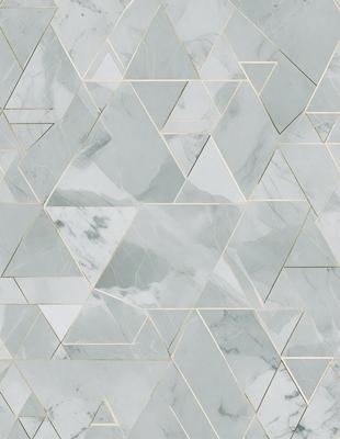 The primary subject of the image is a marble tile wall with a geometric pattern. The setting is a room with a marble floor, and the visual style is a close-up of the wall. The colors and mood of the image are predominantly white, giving it a clean and elegant appearance.