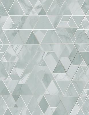 The primary subject of the image is a marble wall with a unique pattern of triangles. The setting is a room with a marble floor, and the visual style is a close-up of the marble wall. The colors and mood of the image are predominantly white, giving it a clean and elegant appearance.