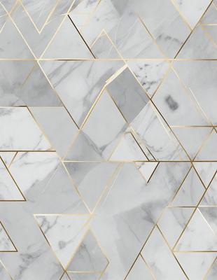 The primary subject of the image is a marble wall with a pattern of triangles. The setting is a room with a white marble floor. The visual style is a combination of a photo and digital art, creating a unique and intricate design. The dominant colors are white and gold, giving the wall and floor a luxurious and elegant appearance.