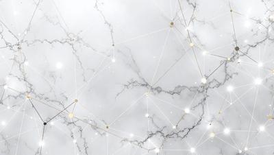 The primary subject of the image is a marble surface with a pattern of gold lines. The setting is a white marble wall, and the visual style is a close-up of the marble pattern. The colors and mood of the image are predominantly white and gold, creating a sense of elegance and sophistication.