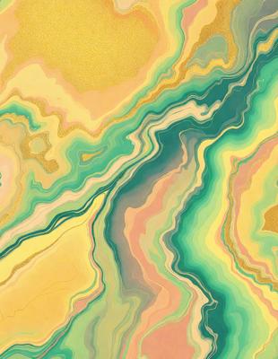 The primary subject of the image is a colorful, abstract painting featuring a mix of yellow, green, and blue hues. The painting is set against a gold background, creating a visually striking contrast. The visual style of the painting appears to be a combination of digital art and illustration, with a focus on intricate patterns and textures. The overall atmosphere of the painting is vibrant and lively, with a sense of depth and complexity in its design.