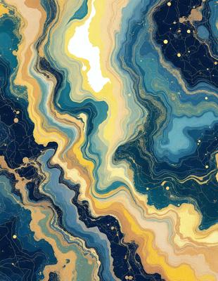 The primary subject of the image is a vibrant and colorful abstract art piece featuring a mix of blue, yellow, and gold colors. The setting is a dark blue background, which contrasts with the bright colors of the artwork. The visual style is a combination of digital art and illustration, creating a unique and eye-catching design. The overall atmosphere of the image is lively and energetic, with the artwork capturing the viewer's attention and evoking a sense of wonder and creativity.