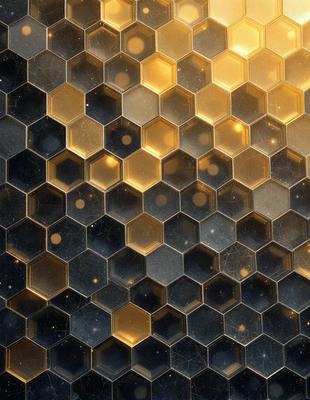 The primary subject of the image is a close-up of a honeycomb pattern, showcasing the hexagonal structure of the beehive. The setting is a black background, which contrasts with the golden honeycomb. The visual style is a combination of a photo and a digital art, as the honeycomb pattern is displayed in a way that resembles a painting. The colors and mood of the image are predominantly golden and warm, creating a sense of warmth and coziness.