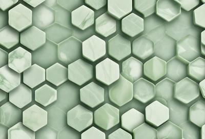 The image features a green marble wall with a pattern of hexagonal tiles. The tiles are arranged in a honeycomb-like pattern, creating a visually appealing and textured surface. The primary subject of the image is the green marble wall, which serves as the main object, scene, or focus of the image. The setting or background is the green marble wall, and the visual style is a photo. The colors and mood of the image are predominantly green, giving it a calm and so