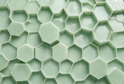 The primary subject of the image is a close-up of a green and white hexagonal pattern. The setting is a green background, which creates a visually appealing contrast with the hexagonal pattern. The visual style is a combination of a photo and digital art, as the hexagons appear to be a part of a larger design. The dominant colors are green and white, giving the image a clean and fresh appearance.