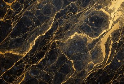 The primary subject of the image is a marble countertop with a gold-colored vein running through it. The setting is a kitchen, and the visual style is a close-up of the marble countertop. The colors and mood of the image are warm and elegant, with the gold vein adding a touch of luxury to the marble surface.