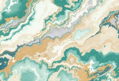 The primary subject of the image is a colorful, abstract design featuring a mix of green, yellow, and brown colors. The setting is a marbled surface, which adds to the visual style of the image. The design appears to be a combination of a painting and a pattern, creating a unique and eye-catching visual effect. The overall atmosphere of the image is vibrant and lively, with the colors and patterns creating a sense of depth and movement.