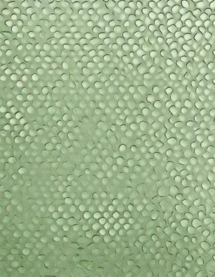 The primary subject of the image is a close-up of a green surface with a pattern of white circles. The setting appears to be a wall or a piece of fabric with a textured surface. The visual style of the image is a close-up, which emphasizes the details of the white circles on the green background. The colors and mood of the image are predominantly green and white, creating a calm and soothing atmosphere.