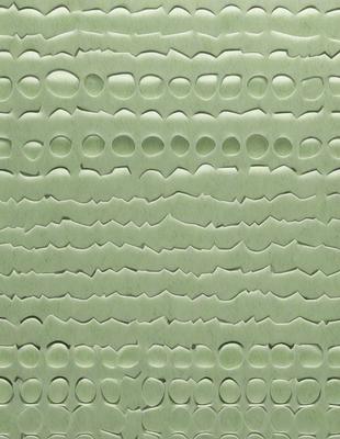 The primary subject of the image is a green wall with a pattern of circles. The setting is a room with a green wall, and the visual style appears to be a patterned wallpaper. The dominant colors are green and white, creating a calm and soothing atmosphere.