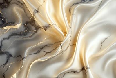 The primary subject of the image is a marble countertop with a gold and white color scheme. The setting is a kitchen, and the visual style is a close-up of the marble countertop. The colors and mood of the image are warm and elegant, with the gold and white tones creating a luxurious and sophisticated atmosphere.
