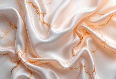 The primary subject of the image is a white fabric with a gold pattern. The setting is a marble surface, which adds a luxurious and elegant touch to the scene. The visual style is a combination of photo and digital art, creating a unique and intricate design. The colors and mood of the image are predominantly white and gold, giving it a sophisticated and refined appearance.