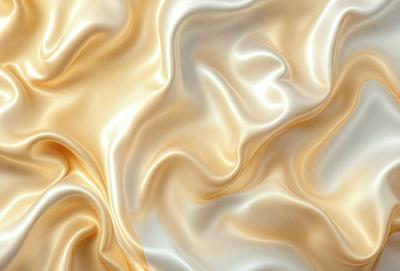 The primary subject of the image is a close-up of a white, shiny fabric, possibly silk, with a golden hue. The setting is a white background, which highlights the fabric's texture and color. The visual style is a close-up, which emphasizes the fabric's details and texture. The colors and mood of the image are predominantly white and golden, creating a sense of luxury and elegance.