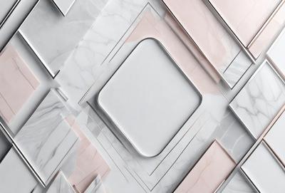 The primary subject of the image is a square-shaped piece of marble, which is the main object in the scene. The setting is a marble wall, and the visual style is a close-up of the marble piece. The colors and mood of the image are predominantly white and pink, giving it a clean and elegant appearance.