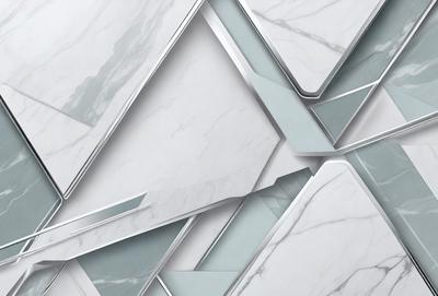 The primary subject of the image is a large, white marble wall with a pattern of triangles. The setting is a room with a white marble surface, which adds to the overall visual style. The image appears to be a photo of the marble wall, showcasing its unique design and texture. The colors and mood of the image are predominantly white, giving it a clean and elegant appearance.