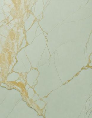 The primary subject of the image is a marble wall with a gold-colored pattern. The setting is a room with a green background. The visual style is a close-up of the marble wall, showcasing its intricate design. The colors and mood of the image are warm and elegant, with the gold and green tones creating a luxurious and sophisticated atmosphere.