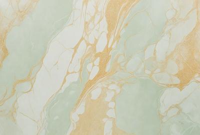 The primary subject of the image is a marble wall with a gold and white color scheme. The setting is a bathroom, and the visual style is a combination of photo and digital art. The dominant colors are gold, white, and green, creating a luxurious and elegant atmosphere.