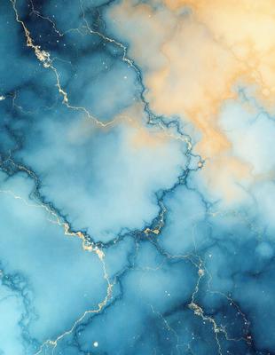 The primary subject of the image is a blue and yellow swirling pattern, which appears to be a painting or a digital artwork. The setting is a blue and white marbled surface, which serves as the background. The visual style is a combination of painting and digital art, creating a unique and vibrant atmosphere. The dominant colors are blue and yellow, with the blue marbled surface and the yellow swirling pattern creating a lively and dynamic scene.