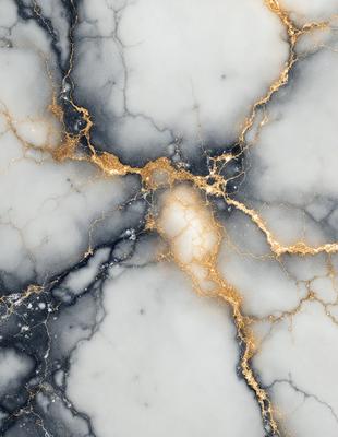 The primary subject of the image is a marble countertop with a gold-colored vein running through it. The setting is a kitchen, and the visual style is a close-up of the marble countertop. The colors and mood of the image are warm and elegant, with the gold vein adding a touch of luxury to the marble surface.