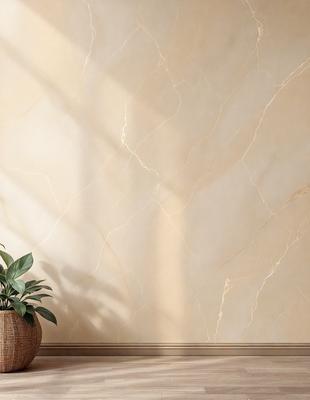 The primary subject of the image is a potted plant, which is placed on a table. The setting is a room with a wall, and the visual style is a photo. The colors in the image are predominantly neutral, with the wall being a light tan color. The overall atmosphere of the image is calm and serene, with the potted plant serving as a focal point in the room.